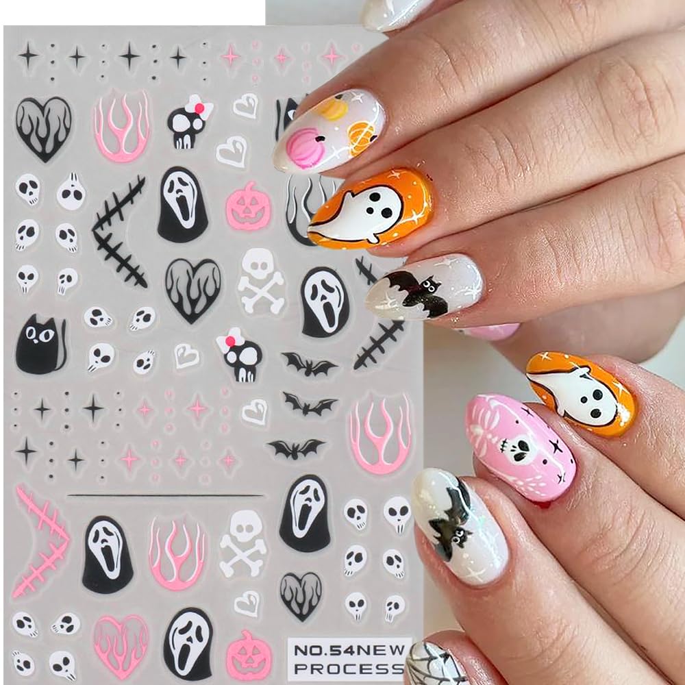 Halloween Nail Stickers, Halloween Nail Art Decals 3D Self-Adhesive Pink Ghost Skull Spider Pumpkin Nail Design DIY Holiday Nail Decoration for Party (6 Sheets)