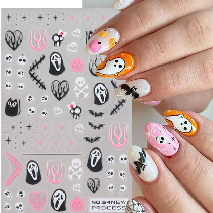 Halloween Nail Stickers, Halloween Nail Art Decals 3D Self-Adhesive Pink Ghost Skull Spider Pumpkin Nail Design DIY Holiday Nail Decoration for Party (6 Sheets)
