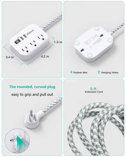 Travel Essentials - Mifaso Power Strip with USB, Compact Flat Plug Extension Cord 5ft with 3 Outlets 4 USB Ports, Non Surge Cruise Must Haves, Cruise Ship Essentials, Dorm Room, Apartment Essentials
