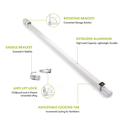 Ideal Security SK110 Patio Door Security Bar with Child-Proof Lock, Adjustable 25-48 inches for Ventilation, White