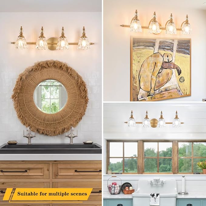 Gold Bathroom Light Fixtures 4 Lights, Antique Brass Vanity Light, Vanity Light Over Mirror, Vintage Bathroom Light with Clear Flower Glass, Lights for Wall Interior Hallway