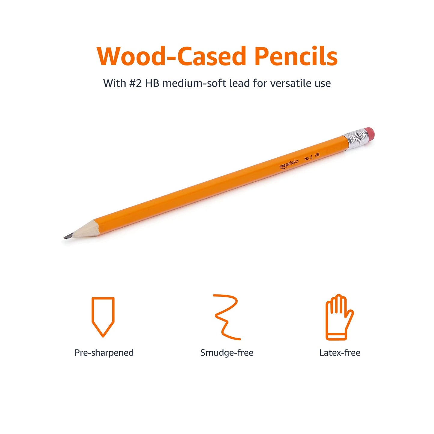 Amazon Basics Woodcased Classroom 2 Pencils with Erasers, Pre-sharpened, HB Lead, Value Pack of 30 count, Orange