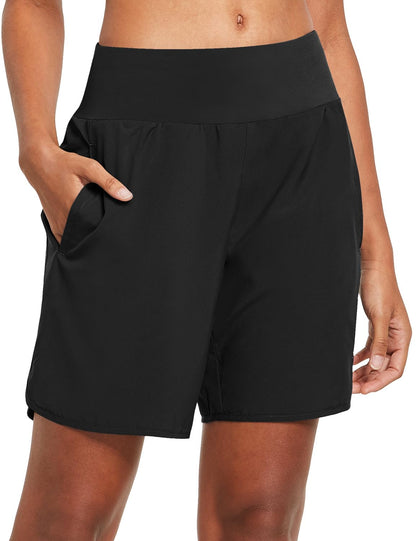 baleaf Womens' 7" Long Running Athletic Shorts Back Zipper Pocket Workout Gym Shorts Quick Dry High Waist with Liner Black Size L