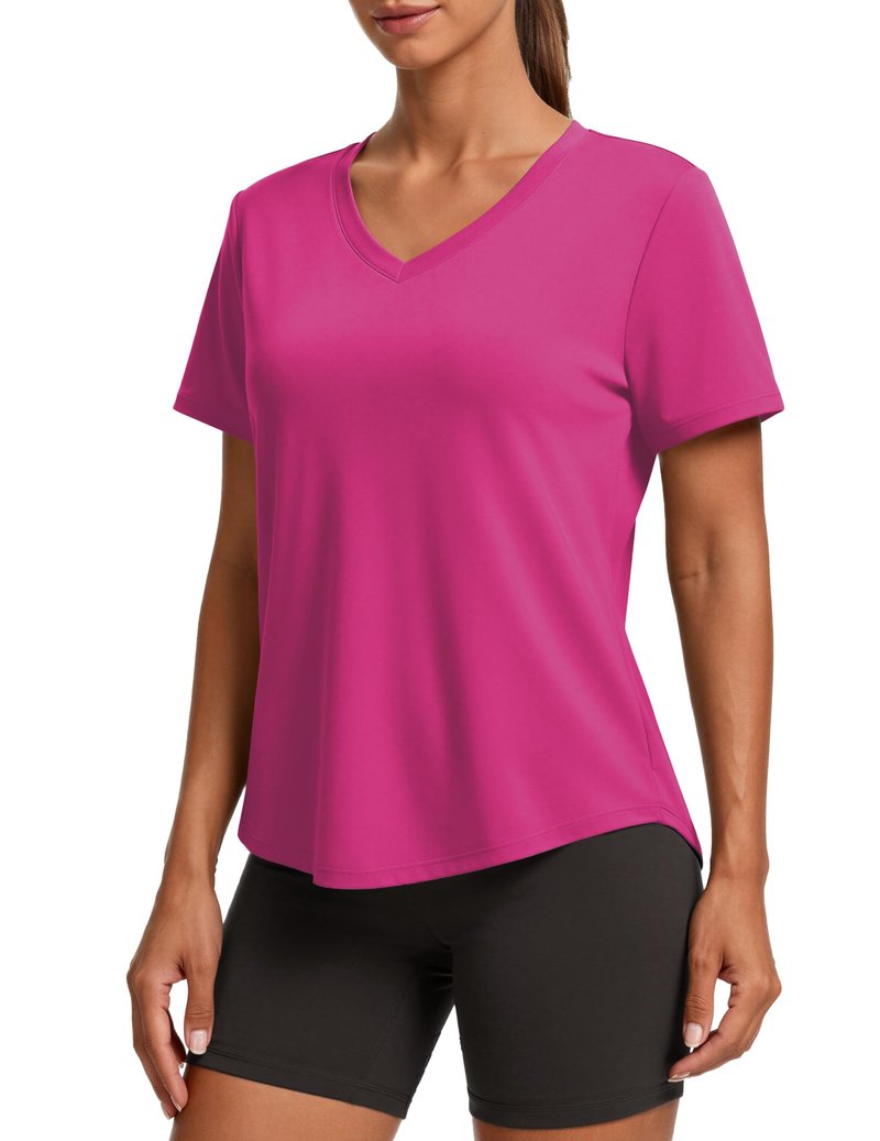 PINSPARK Womens Running Tops Short Sleeve V Neck Quick Dry Athletic Shirts Moisture Wicking Gym Workout T-Shirts Lightweight,Hot Pink Medium