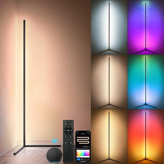 RGBWW Corner Lamp, Color Changing Floor Lamps for Living Room, Compatible with Alexa, Google Home, WiFi APP Remote Control, 2700k-6500k Smart LED 61" Tall Standing Lamp for Bedroom Game Room