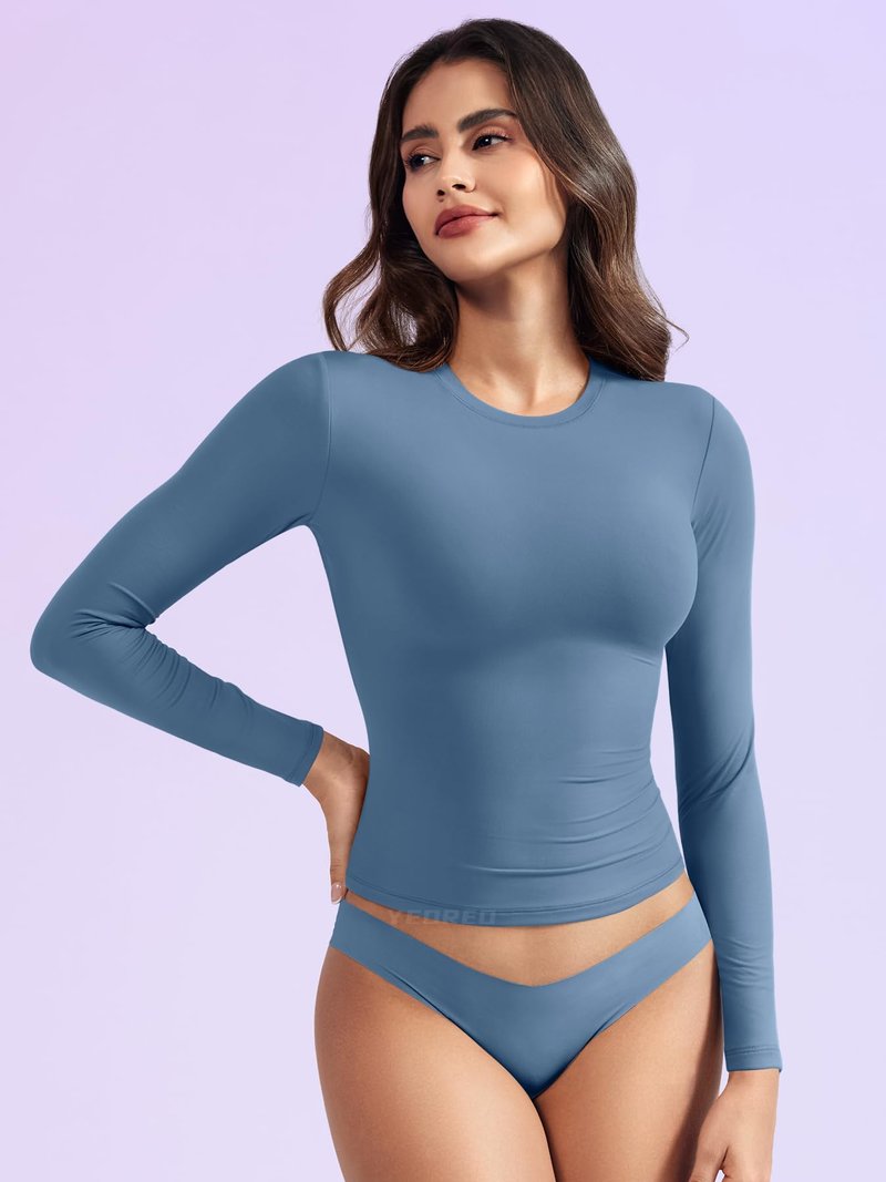 YEOREO Long Sleeve Shirts for Women y2k Tops Double Lined Basic Tee Crew Neck Going Out Sweeney Workout Undershirt Haze Blue M