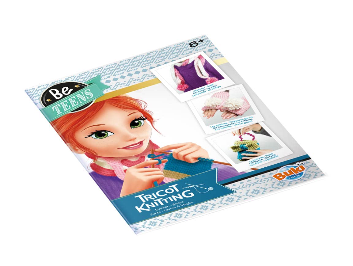 BUKI France Be Teens Knitting Kit – Kids Craft Set with 290g Wool | Learn Finger Knitting, Needle Knitting & Stocking Stitch | Make a Scarf, Purse & Gloves | Creative Gift for Children Age 8+