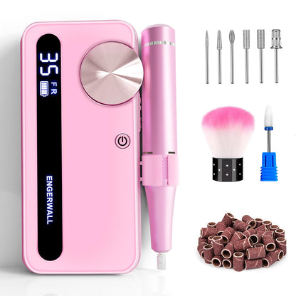 ENGERWALL Rechargeable Nail Drill 35,000 RPM, Portable Cordless Electric Nail File for Acrylic, Gel Nails, Polishing & Removal, with Nail Drill Bits Kit for Manicure & Pedicure, Pink