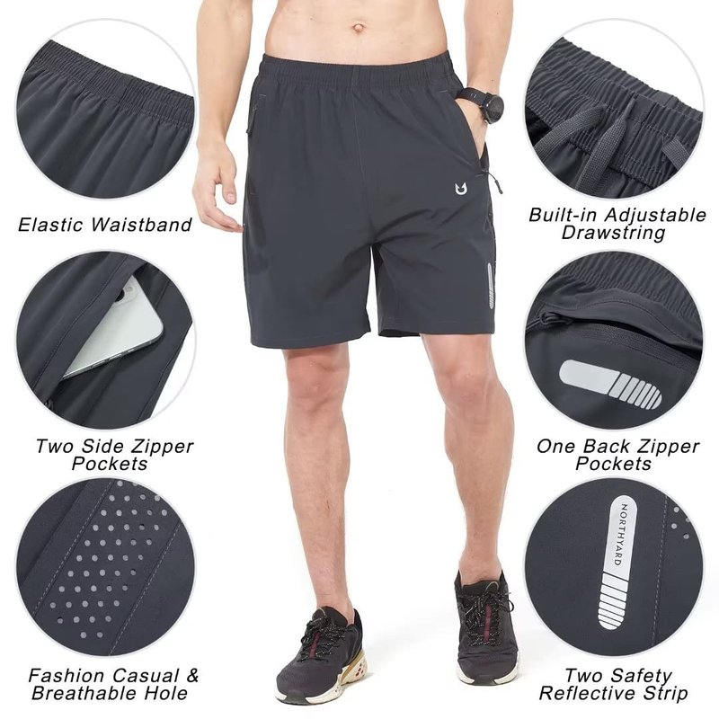 NORTHYARD Men's Athletic Running Shorts Gym Workout 7"/9"/5" Quick Dry Lightweight Sports Basketball Tennis 3 Zipper Pockets Darkgrey 3XL