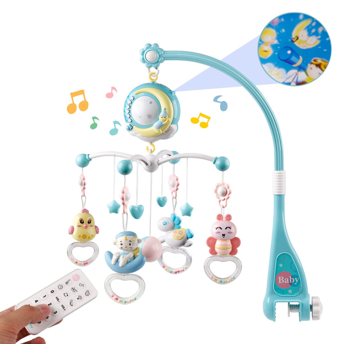 Mini Tudou Baby Musical Mobile Crib with Music and Lights, Timing Function, Projection, Take-Along Rattle and Music Box for Babies Boys Girls Toddlers