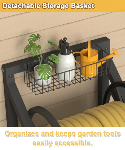 Artigarden Triangle Wall Mounted Garden Hose Reel, Outdoor Heavy-Duty Water Hoses Holder Winder, Holds 125 Ft of 5/8-Inch Hose, with 3.9 ft Leader Hose, Brass Fitting, Storage Basket for Yard, Black