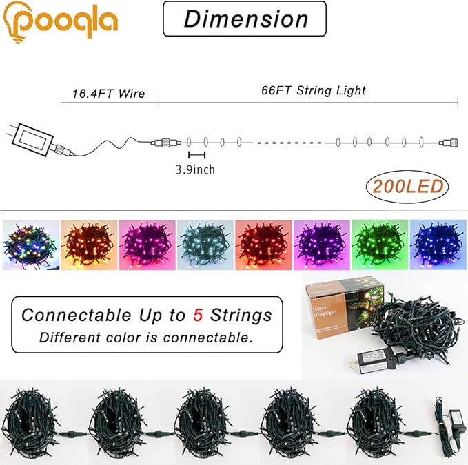Pooqla Pink String Lights, 200 LED 66 ft Indoor and Outdoor Decorative LED Lights, 8 Modes Halloween Pink Fairy Light for Home Yard Patio Wedding Party Christmas Valentines Day Decoration