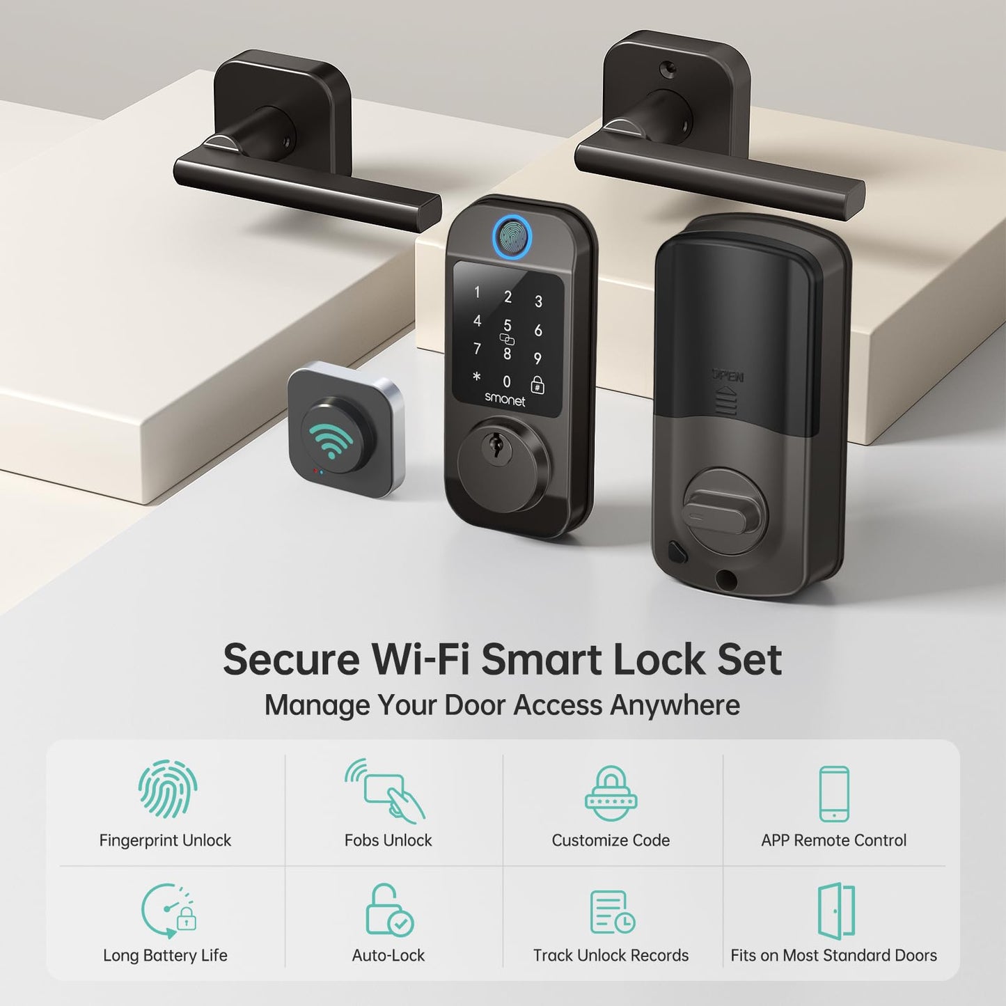 Keyless Door Lock with Handle Set - SMONET WiFi Fingerprint Smart Locks for Front Door, App Remote Control, Digital Bluetooth Keypad Deadbolt Set with Alexa, Auto Lock, Code, Fobs for Home Black
