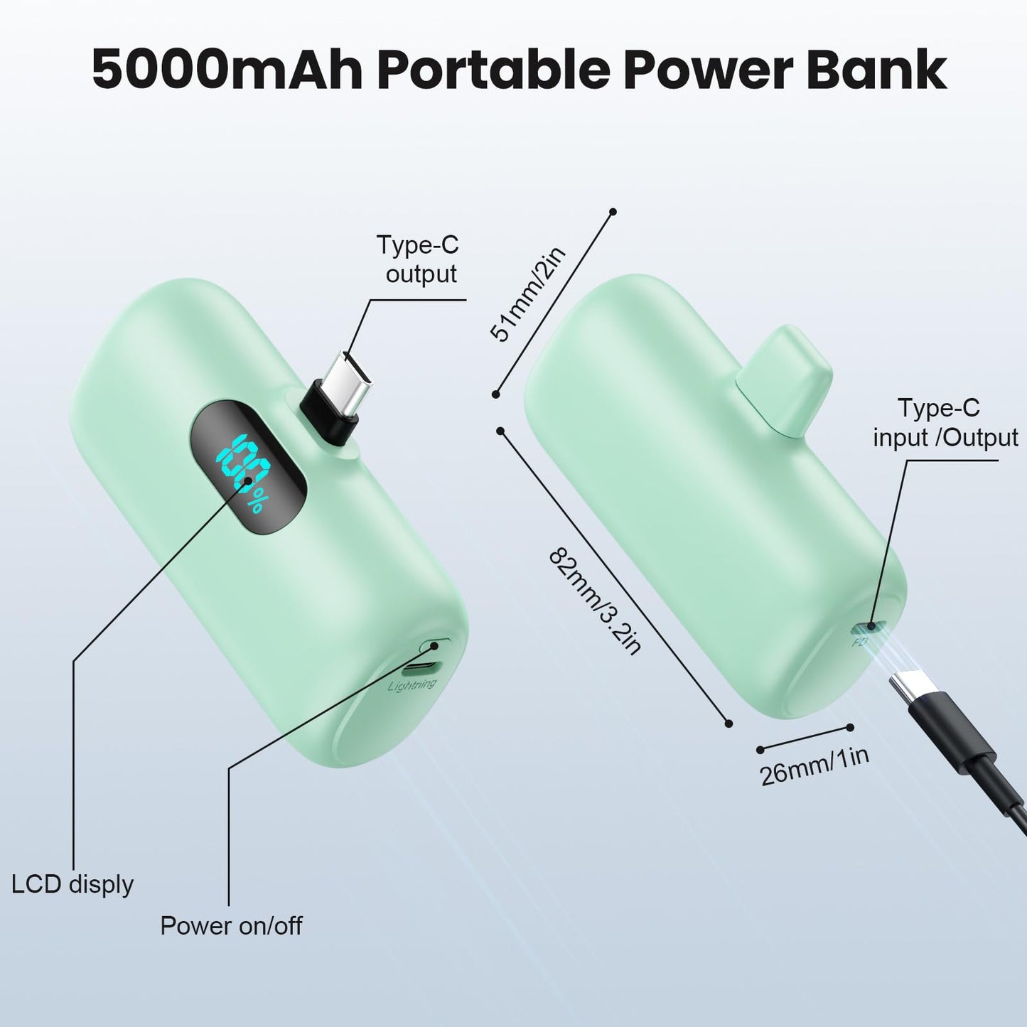 Mini Portable Charger USB C Power Bank,Upgraded 5000mAh PD Fast Charging Battery Pack Built-in USB-C Connector,LCD Display,Compatible with iPhone16,16 Plus,16Pro/Max/15,iPad Pro/Air,Android Phone etc
