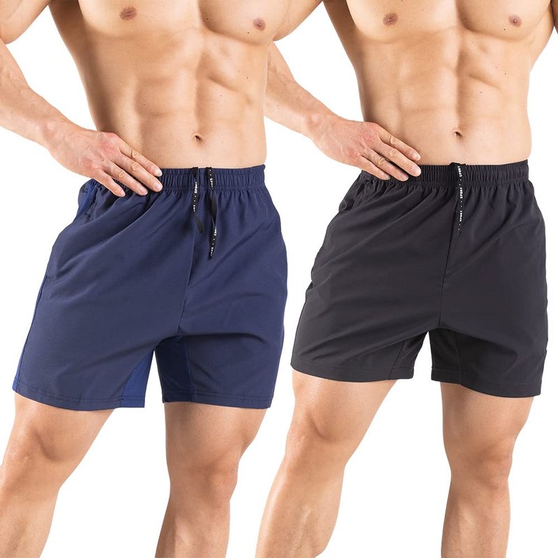 Gaglg Men's 5" Running Shorts 2 Pack Quick Dry Athletic Workout Gym Shorts with Zipper Pockets Black/Navy,Large