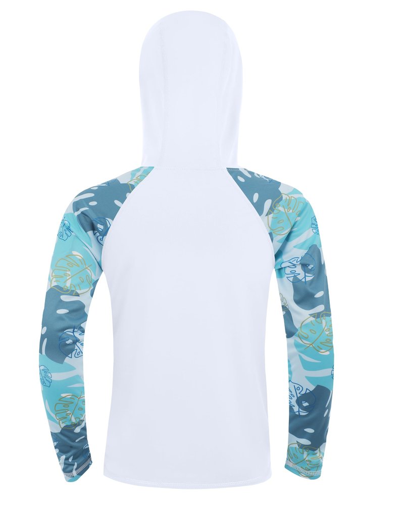 DRONIRING Boys Rash Guard Swim Hoodie, UPF 50+ UV Sun Protection Long Sleeve Fishing Shirt, Kids Youth SPF Water Shirts White-Blue