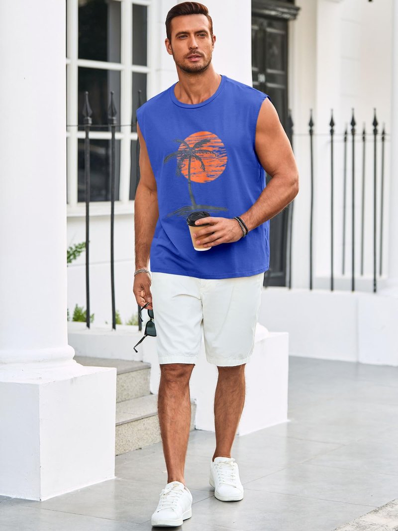 Runcati Mens Sleeveless Tank Tops Workout Gym Muscle Shirts Palm Tree Vintage Hawaiian Summer Beach T Shirts Blue