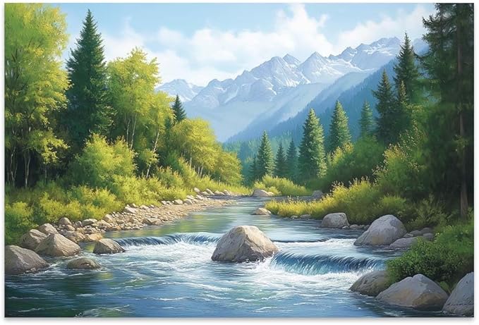 Yesad Serene Nature Wall Art, Landscape Canvas Wall Art Forest Pictures Prints Mountain Painting Scenery Poster Wall Décor for Farmhouse Living Room Bedroom (Unframed,30”x20”,Stream)
