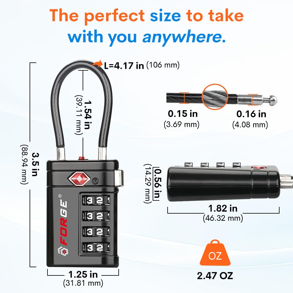 Forge TSA Approved Luggage Locks 4 Digit Combination TSA Travel Locks with TSA008, Open Alert Indicator, Zinc Alloy Body for Luggage, Suitcase, Backpack, and More. Black 2 Locks.
