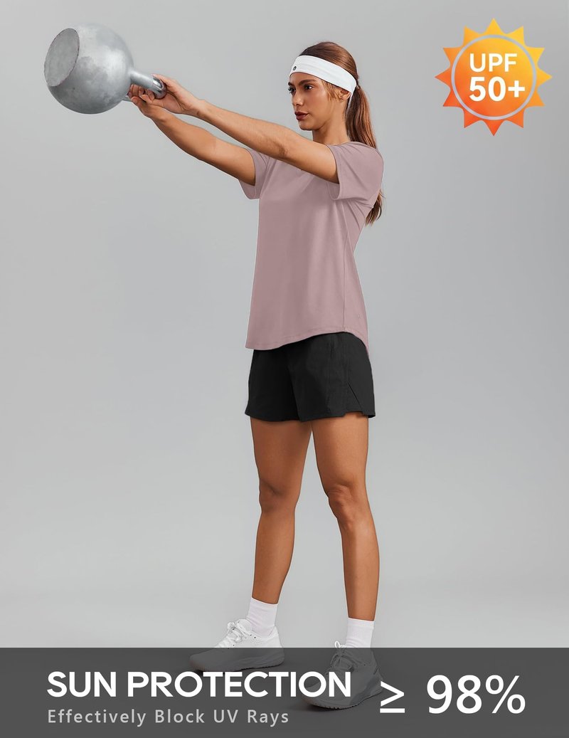 PINSPARK UV Protection Shirts for Women Short Sleeve V Neck UPF 50+ Sun Tops Moisture Wicking Hiking Running Athletic T-Shirts,Warm Tan Small