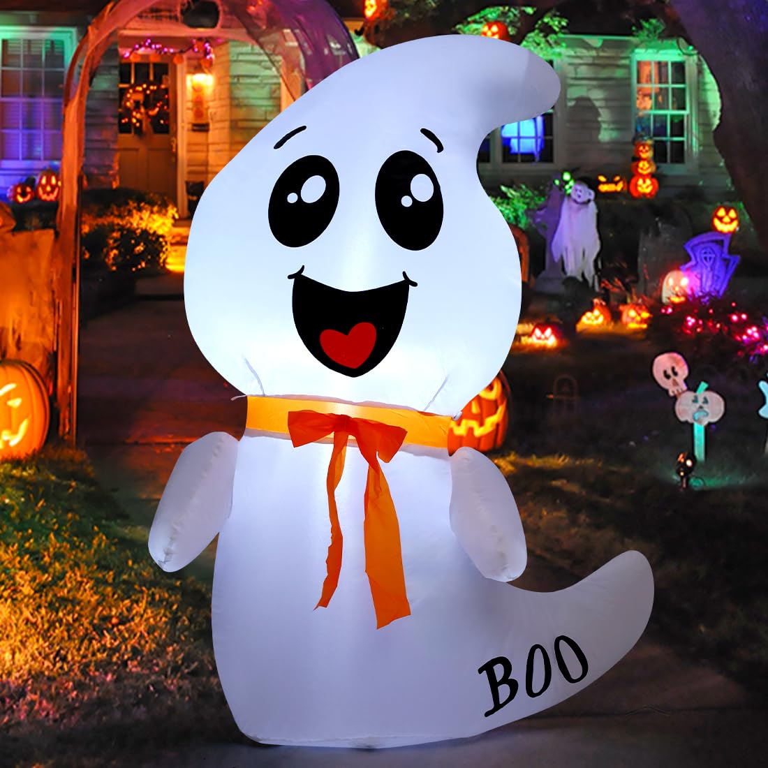 GOOSH 4 FT Halloween Inflatable Cute Ghost Outdoor Decorations Blow Up Yard Ghost with Built-in LEDs for Indoor Garden Lawn Party Decor