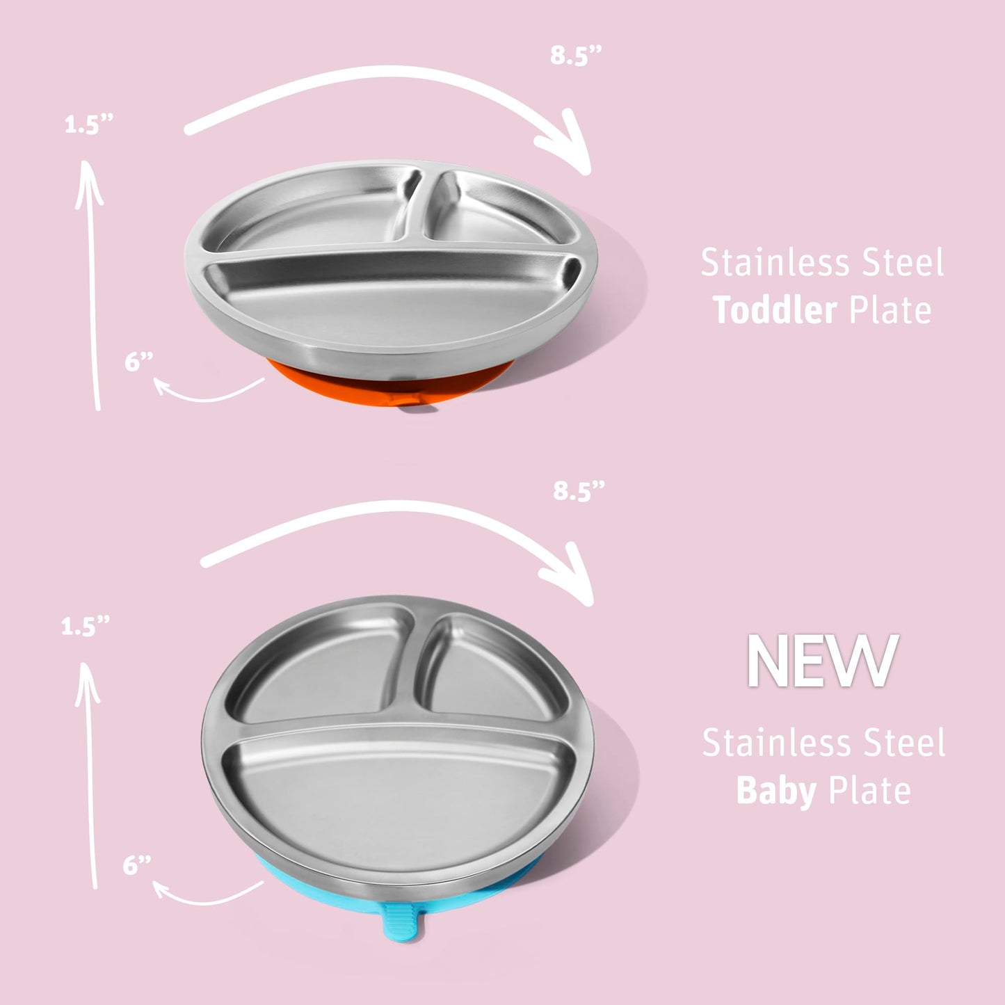 Avanchy Baby Plates with Suction – Stainless Steel Divided Plates for Toddlers, BPA-Free, Dishwasher Safe, Unbreakable, Non-Toxic, 100% Silicone Suction – Magenta