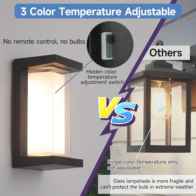 Outdoor Wall Light Fixtures,Exterior Waterproof Lanterns,15%-100% Dimmable,3CCT 3000K/4000K/6500K,2160LM Aluminum Outdoor Modern Wall Lights,10.23 Inch Matte Black Indoor Wall Sconce Art Lights 1 Pack
