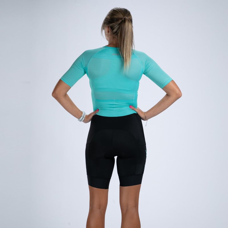 Zoot Women’s Core Tri Aero FZ Racesuit, Short Sleeve Moisture-Wicking Triathlon Suit, Plush Chamois & Race Day Storage - Aqua Blue - X-Small