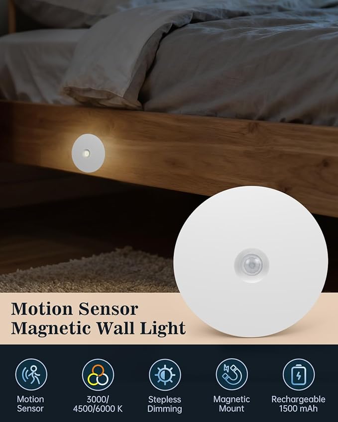 Yiliaw Motion Sensor Night Light, Rechargeable Stair Lights Indoor, Warm White with Wireless Magnetic Mount, Adjustable Brightness & 3 Color Temps for Hallway, Stairway, Bathroom, Closet (2 Pack)