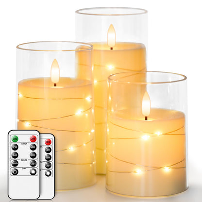 salipt LED Flameless Candles, Battery Operated Flickering Candles, Moving Flame Electric Candle Sets Glass Effect with Remote Timer, Set of 3, H 4" 5" 6" - Fairy Lights Ivory