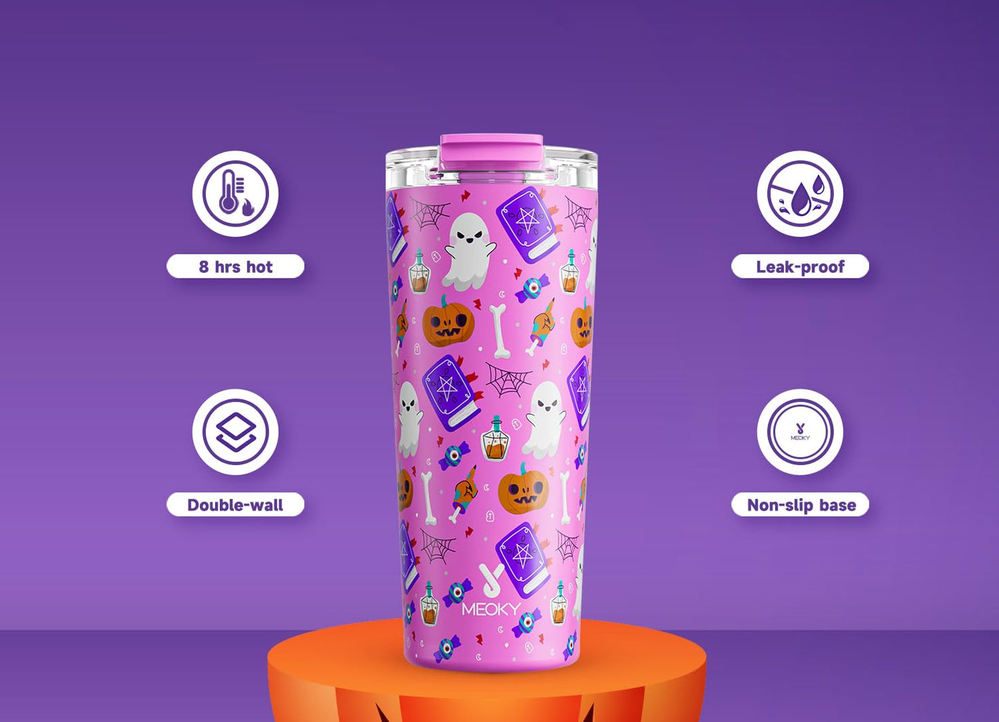 Meoky 24 oz Halloween Travel Coffee Mug with Leak-proof Lid, Stainless Steel Insulated Coffee Tumbler, Keeps Hot for 8 Hours or Cold for 24 Hours, Fits in Car Cup Holder (Spooky Pumpkin)