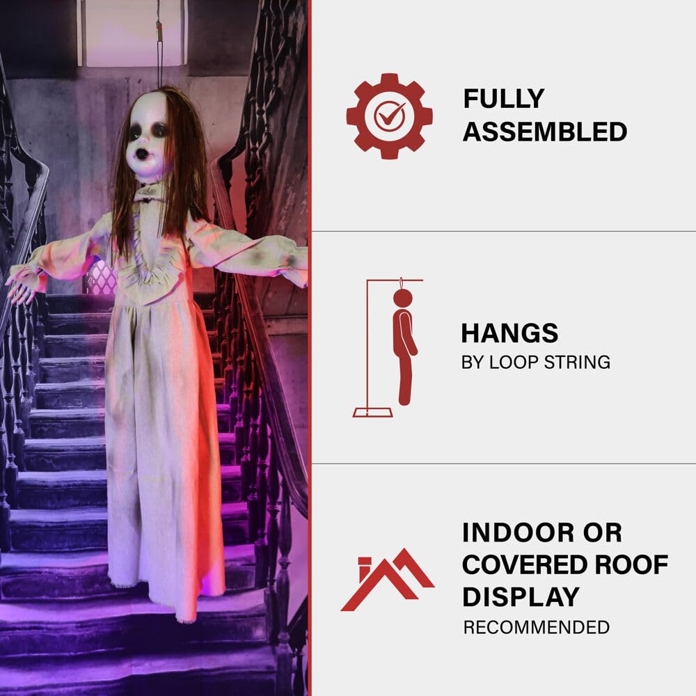 Haunted Hill Farm Floating, Talking Zombie Girl Animatronic with Blue Chest Light for Scary Free-Hanging Halloween Decoration,5 x 16 x 47