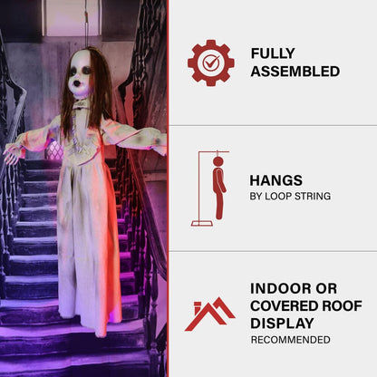 Haunted Hill Farm Floating, Talking Zombie Girl Animatronic with Blue Chest Light for Scary Free-Hanging Halloween Decoration,5 x 16 x 47