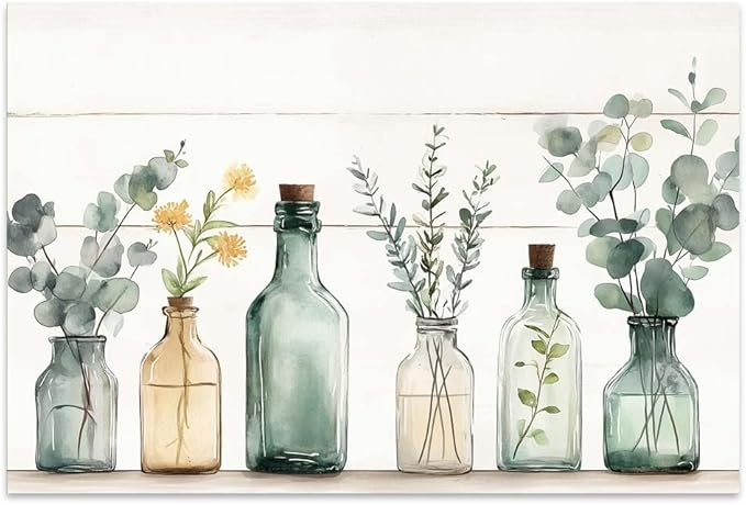 Yesad Kitchen Wall Décor Canvas Prints, Rustic Vintage Country Décor Bottles Plants Picture Farmhouse Wall Décor Poster Artwork for Cabin Living Room Bedroom Dining Room (Unframed,18”x12”, Bottle)