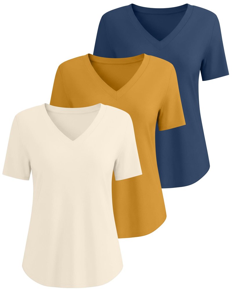 Ficerd 3 Pack Women's V Neck T-Shirts Short Sleeve Tunic Tops Casual Summer Curved Hem Tees Loose Fit Solid Basic Tshirt 2026(Turmeric, Cream, Hazy Blue,X-Large)