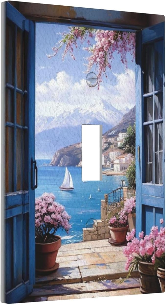 Decorative Art Light Switch Covers Seaside Window View Single Toggle Wall Plate Decorative Switchcover Electrical Switchplate for Home Decor