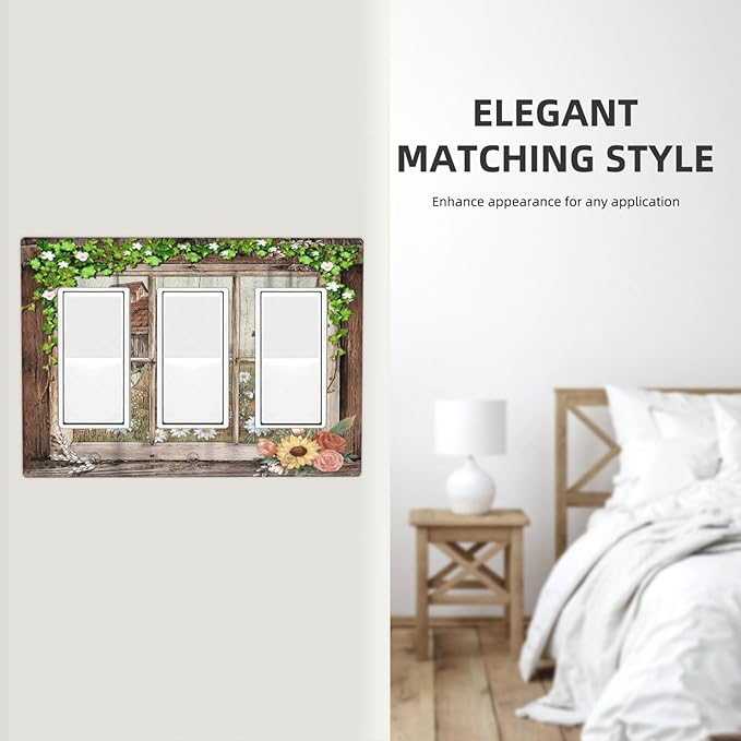Farm Barn Farmhouse Rustic Country Flower Triple Rocker/Decora Wall Plate 3 Gang Light Switch Outlet Cover Plate Decorative Switchplate Electrical GFCI Faceplate for Kitchen Bathroom Decor