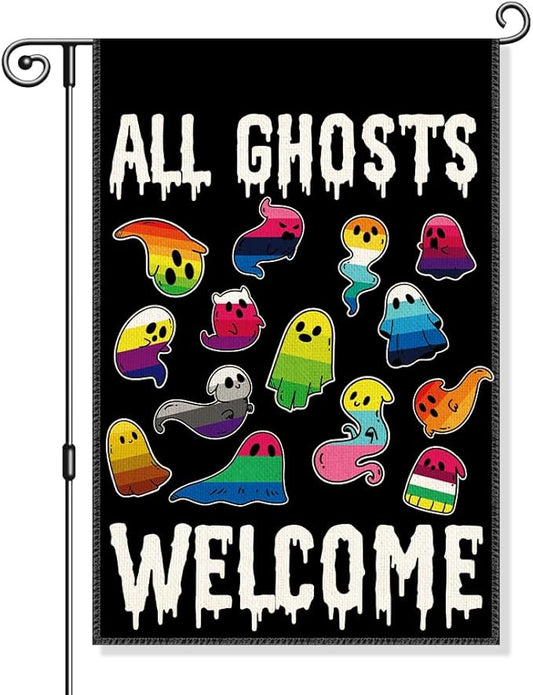 All Ghosts Welcome Garden Flag, Funny Ghost Yard Sign for Outside, LGBT Trans Pride Ally Flag, Spooky Fall Season Lawn Porch Halloween Decoration for Family Friend