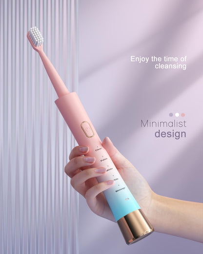 Sonic Electric Toothbrush for Adults, USB Rechargeable Sonic Toothbrush with 8 Brush Heads, Smart Timer, 5 Modes, 2-Hour Fast Charge Last 30 Days, Pink