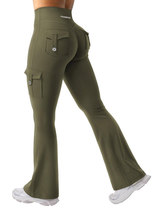 YEOREO CoreFlex Women Workout Flare Leggings with Pockets Hidden Scrunch High Waisted Cargo Gym Yoga No Front Seam Leggings Army Green XXL