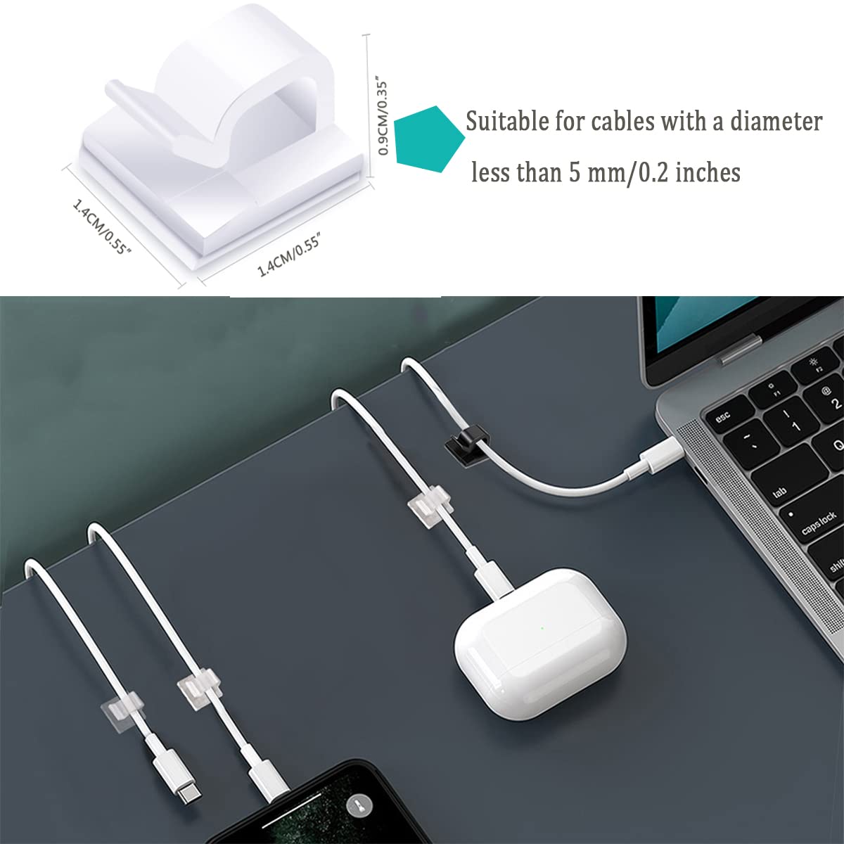 60PCS Cable Clips, KGROTE Outdoor Wire Clips Adhesive Cable Hooks Cord Organizer Holder Christmas Light Clips for Desk, Wall Cable Management, String Lights, Fairy Lights, Decorations Hanging - Clear