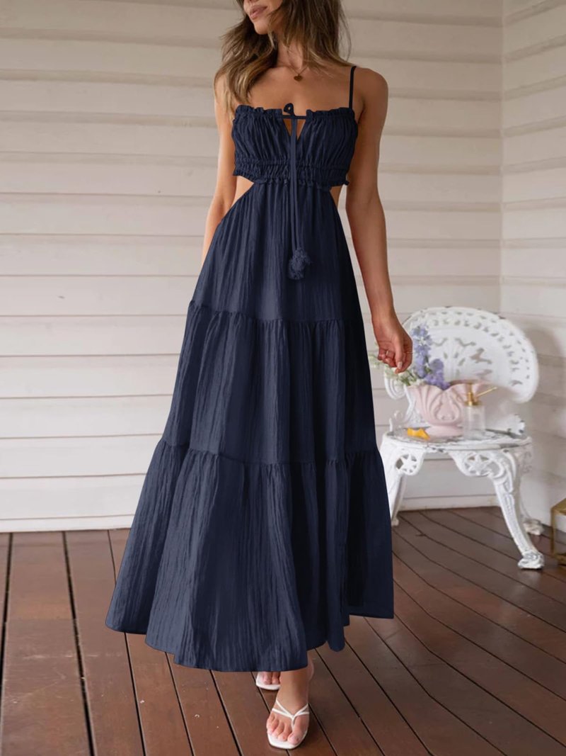 Fisoew Women's Spaghetti Strap Maxi Dress Summer Sleeveless Side Cut Out Dress Casual Boho Backless Flowy Long Dresses Navy Blue