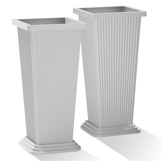 PolarcoForgeco Tall Outdoor Planters Set of 2, 24" Tapered Outdoor Tall White Planter for Front Porch, Large Indoor Modern Planter Flower Pots with Tray, Drainage Holes (Ribbed)