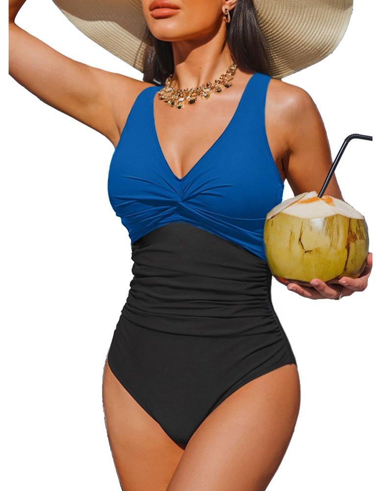 Holipick Blue and Black Women Tummy Control One Piece Swimsuit - Push Up Bathing Suit Full Coverage Slimming Swimwear XL