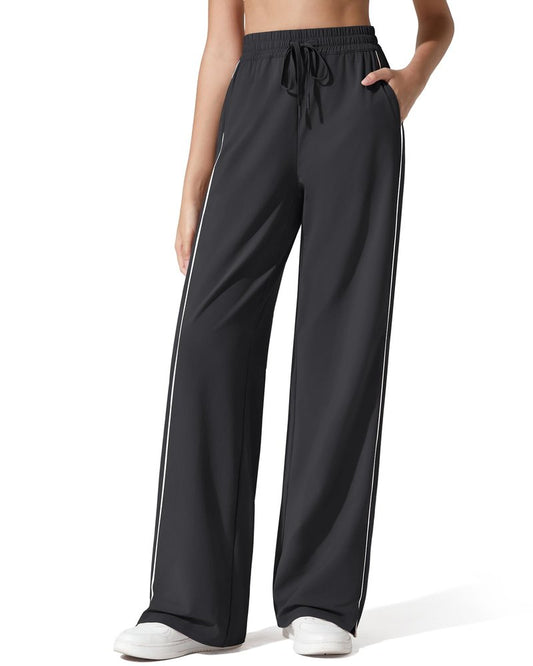 G4Free Women's Athletic Pants Lightweight Stretchy Track Sweatpants Wide Leg with Pockets Drawstring Jogging Trousers (Black,L,Tall)