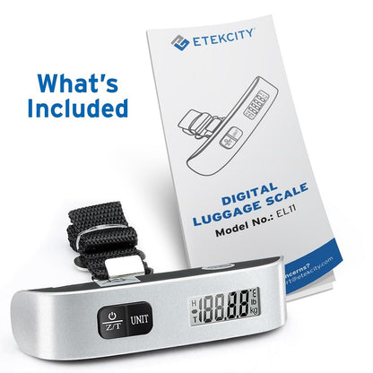 Etekcity EL11 Luggage Scale, Digital Portable Handheld Suitcase Weight for Travel with Rubber Paint, Temperature Sensor, 110 Pounds, Battery Included, Silver