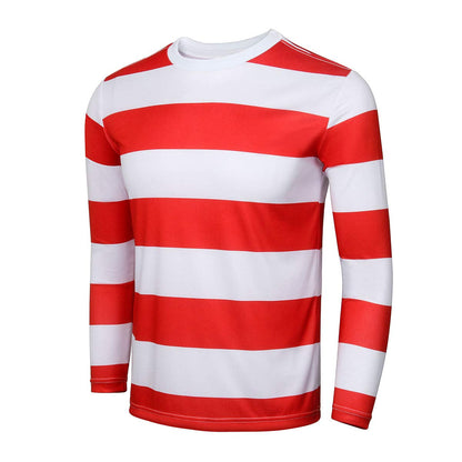 Adult Men Red and White Striped Tee Shirt Glasses Hat Outfit Suit Set Halloween Cosplay Costume Party Props (3X-Large, Adult Men)