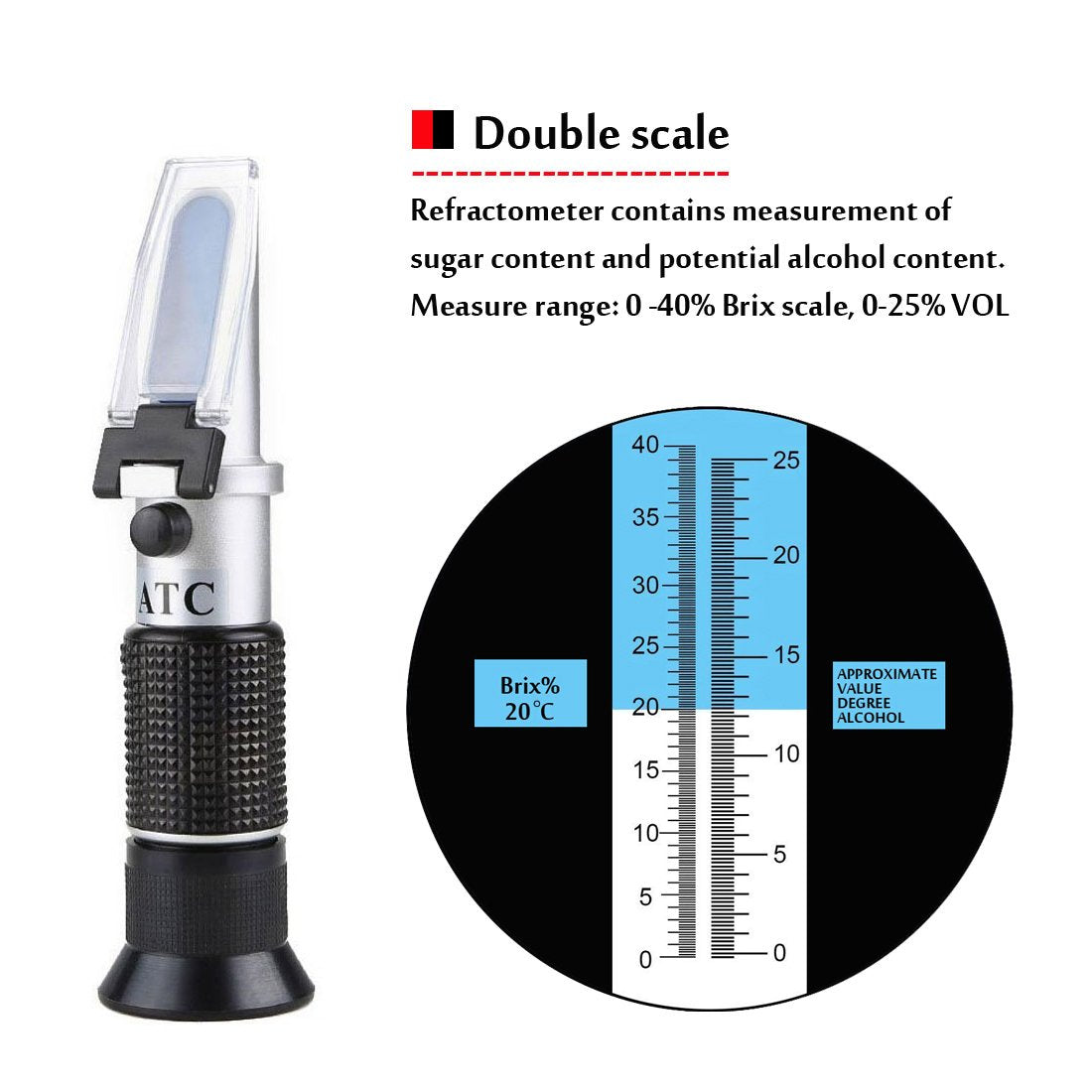 Wine Refractometer,V·RESOURCING Hand Held Brix/Alcohol Refractometer with ATC for Wine Making Homebrew Kit, Dual Scale(Brix 0-40%, Alcohol 0-25%)