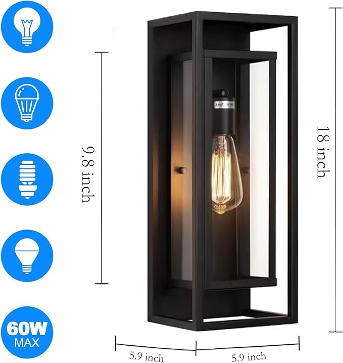 12 Pack 18 inches Outdoor Wall Lantern Light Fixture, Large Black Exterior Waterproof Wall Sconce, Anti-Rust Mount Porch Light with Clear Glass,E26 Socket