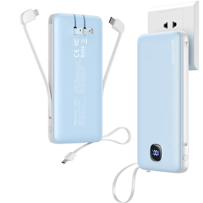 Portable Charger with Built-in Cables&AC Wall Plug,Slim 10000mAh 22.5W Fast Charging Power Bank,5 Output 2 Input USB-C External Battery Pack Compatible with iPhones,Samsung,Android, etc